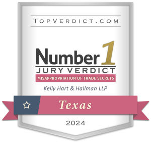 Kelly Hart was recognized for securing the Number 1 Verdict in Texas in 2024 across several categories, including Breach of Fiduciary Duty, Conspiracy, Tortious Interference, Misappropriation of Trade Secrets, and Reputational Harm.